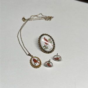 Cardinal hand painted necklace brooch earring set signed KOHL gold filled